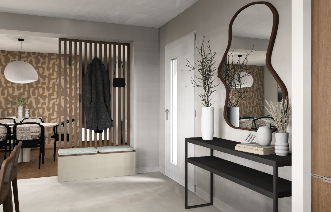 Rendu 3D entrée de maison avec claustra bois et miroir organique, extension à Elven réalisée par Reflets & Design architecte d'intérieur Morbihan