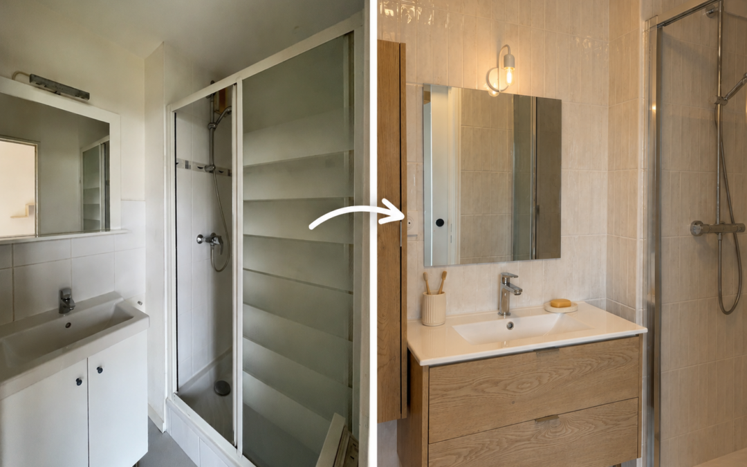 Avant après rénovation salle de bain avec meuble vasque bois et douche italienne, réalisée par Reflets & Design architecte d'intérieur à Elven dans le Morbihan